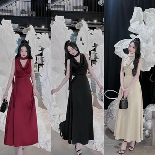 SÉT VÁY THỜI TRANG NỮ MẶC ĐI CHƠI chất tuyết nhung cổ đổ váy dài xòe maxi có 3 màu như hình