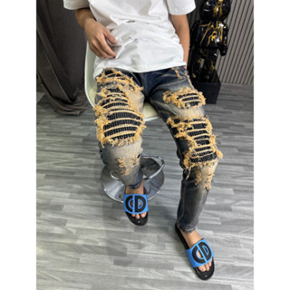 Quần Jean Nam Xanh Rêu Đính Đá Khâu Viền Xanh - Sẫm Loang Tua Vàng, Quần bò nam Amiri