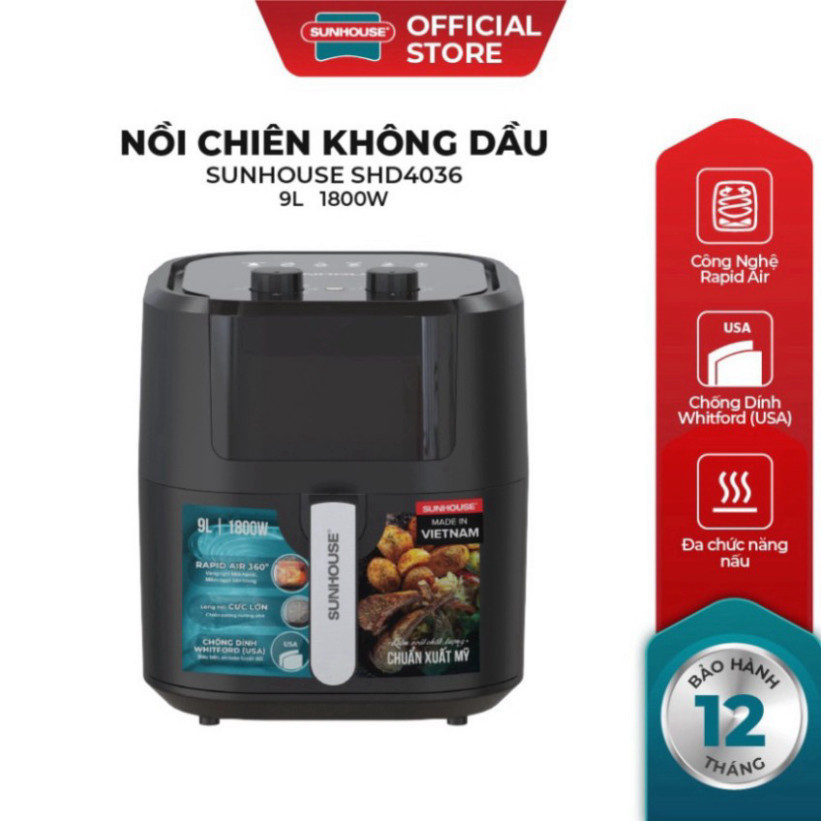 [Chính hãng] Nồi chiên không dầu 9L SUNHOUSE SHD4036 chống dính công nghệ mới, Bảo Hành 12 Tháng