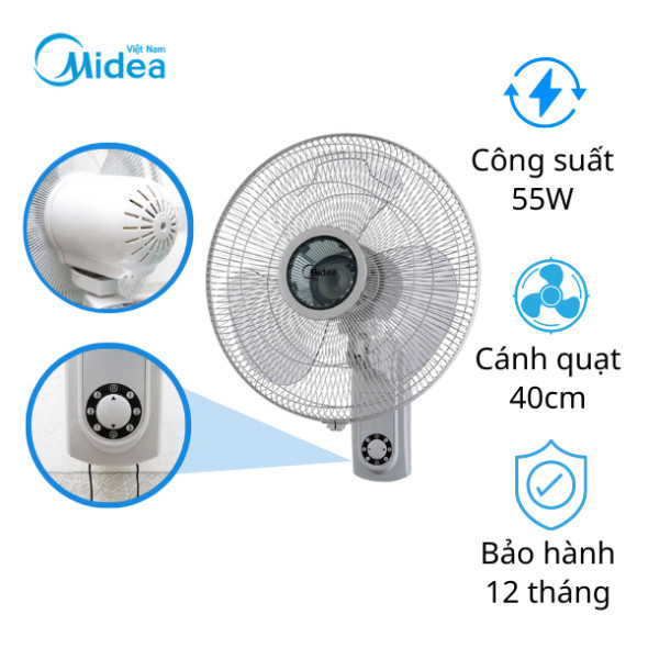 Quạt Treo Tường 3 Cánh Midea FW40-6H, Công Suất 55W - 3 Chế Độ Gió - Hàng chính hãng - Bảo hành 12 t