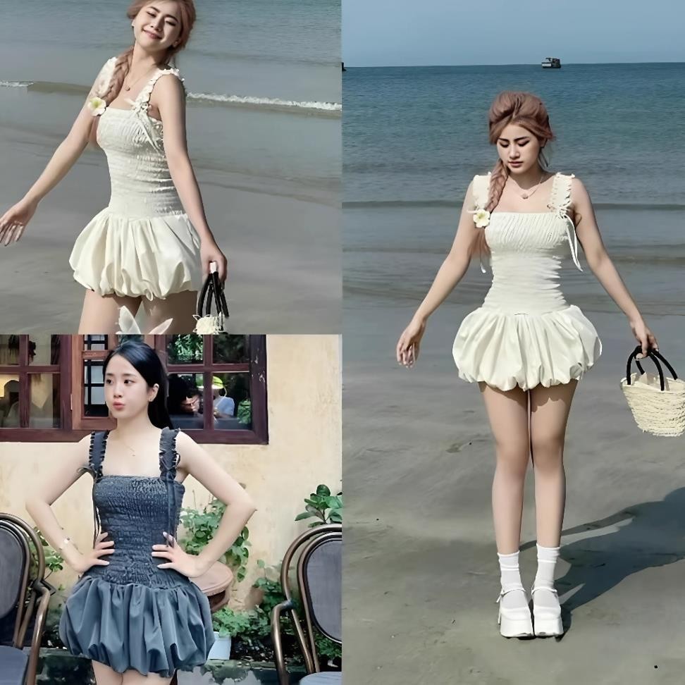 Váy Bí 2 Dây Đính Nơ Lưng Chun, Đầm Nhún Dáng Phồng Mùa Hè Nhẹ Nhàng Sang Chảnh Cenia Store