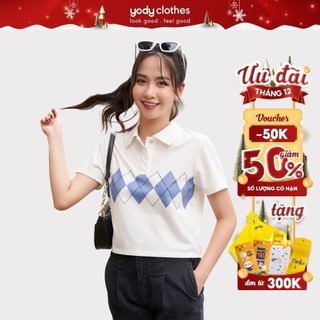 Áo thun polo nữ YODY mắt chim co giãn 4 chiều họa tiết APN5054