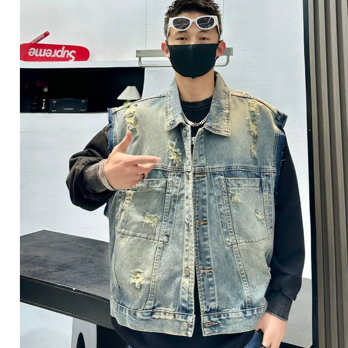 Áo khoác gile jean nam unisex hoạ tiết rách đường phố, khoát gile nam kiểu vest thiết kế dáng ngắn cao cấp hàn quốc 4307