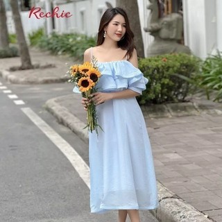 RECHIC Đầm dài Elina dáng xoè rông kiểu viền bèo vai dịu dàng gợi cảm phù hợp đi du lịch