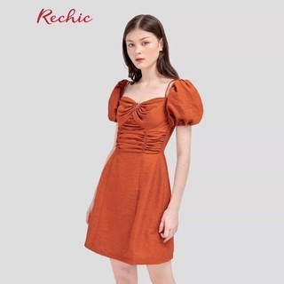 RECHIC Đầm Livia Màu Cam kiểu dây tay phồng đính khuy ngực Siêu Xinh Dễ Thương Để Dạo Phố