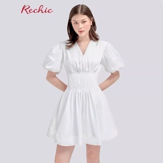 RECHIC Đầm Sami Màu Trắng cổ V tay phồng chiết eo xinh xắn trẻ trung dạo phố