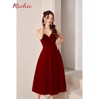 RECHIC Đầm Felix màu đỏ hai dây cổ V dáng dài sang trọng quyến rũ thời thượng
