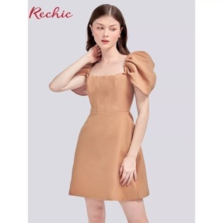 RECHIC Đầm Norable Màu Be cổ vuông tay phồng dáng váy ngắn
