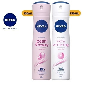Bộ đôi xịt ngăn mùi NIVEA Pearl & Beauty ngọc trai quyến rũ 150ml + Extra Whitening trắng mịn mờ thâm 150ml 83731+82967