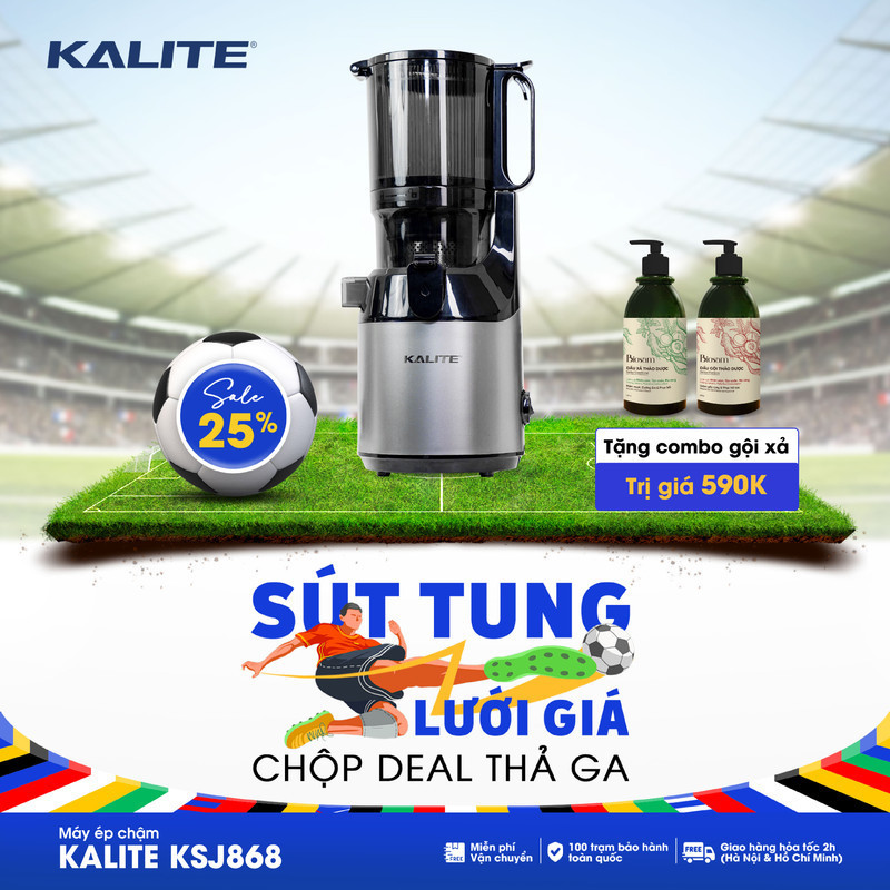 Máy ép chậm Kalite KSJ868 ống tiếp nguyên liệu lớn 130mm ép nguyên trái, công suất 250W ép trái cây kiệt bã