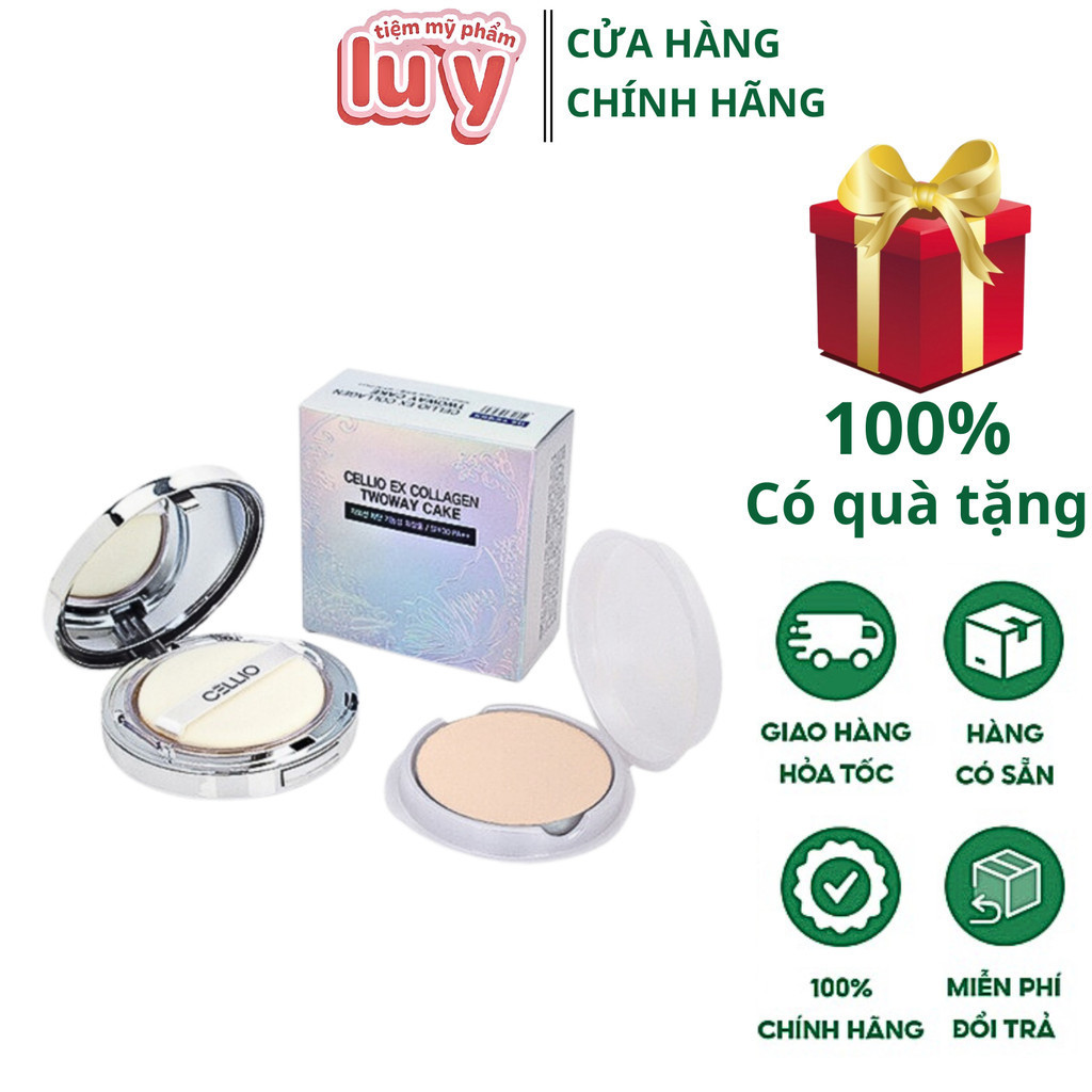 Phấn phủ 2 lõi Cellio trắng EX Collagen Twoway Cake