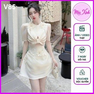 Đầm Váy Thiết Kế Trễ Vai Tafta Dáng Ngắn Chiết Eo Đính Hoa Nơ Nhẹ Nhàng, Váy Dự Tiệc Đi Chơi Sang Trọng  - Mặc Xinh V85