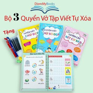 Sách- Bộ 3 Quyển Vở Luyện Viết Tự Xóa Tập Tô Chữ Số Cho bé 3 4 5 Tuổi Mẫu Giáo Tặng 8 ruột+2 vỏ bút + 2 định vị cầm