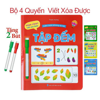 Sách- Bộ 4 Quyển Làm Toán Không Sợ Sai Wipe Clean Viết Xóa Được Tặng Kèm 2 Bút Dành Cho Bé Từ 3-5 Tuổi