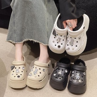 LinhTDEP - Dép cross độn đế 7cm, dép sục crocs nữ gấu bít mũi tăng chiều cao, thời trang hót nhất