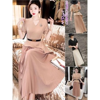 472024 Hàng nhập - Đầm dáng xòe tùng xếp li phối màu cổ tim, váy dự tiệc Quảng Châu tay ngắn đính phụ kiện