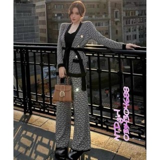 472024 Hàng nhập - Set bộ nữ len gồm quần dài ống suông và áo khoác, sét đồ Quảng Châu thu đông xinh xắn