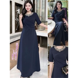 472024 Hàng nhập - Đầm dáng xòe maxi thun cotton cổ viền trắng, váy dự tiệc Quảng Châu tay ngắn sang trọng