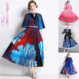 472024 Hàng nhập - Đầm dáng xòe lụa xếp li free size in hoa lá sang trọng, váy dự tiệc Quảng Châu tay lỡ cổ tròn viền
