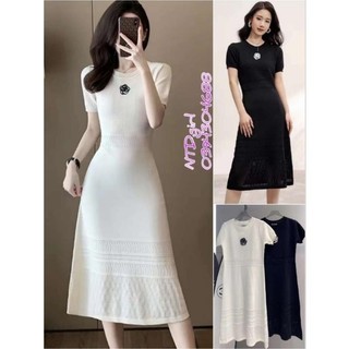 472024 Hàng nhập - Đầm dáng ôm len dệt kim tay ngắn cổ tròn, váy body Quảng Châu form dài xinh xắn