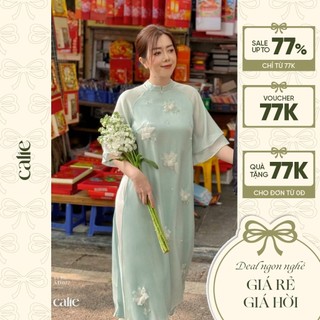 Set áo dài nữ dáng suông đính hoa thân thủ công cao cấp calie ad022