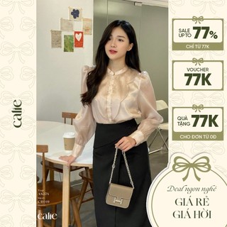 Áo sơ mi nữ dài tay cổ tàu phối đáp ngực calie as274