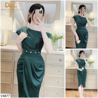 VÁY THIẾT KẾ DVC - V4877 - Váy body xanh lệch vai, đính đá eo -  DỰ TIỆC, CÔNG SỞ, DẠO PHỐ