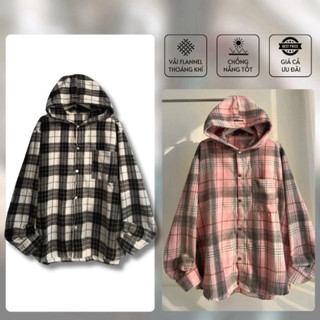 Áo Sơ Mi Dài Tay Flannel Họa Tiết Kẻ Caro Có Mũ Form Nam Nữ Unisex
