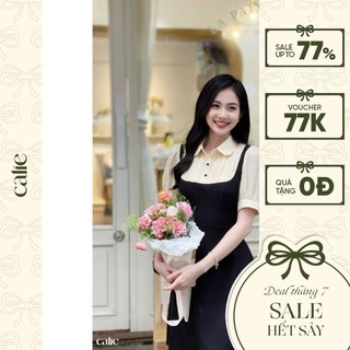 Váy yếm phối kem cổ sen xếp li khuy trang trí Calie VA283