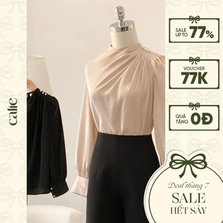 Áo sơ mi lụac cách điệu cổ xếp ly vai đính cúc thanh lịch thời trang công sở Calie AC342
