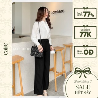 Áo sơ mi lụa nữ cổ đức dài tay nhún vai form rộng thanh lịch thời trang công sở Calie House A359