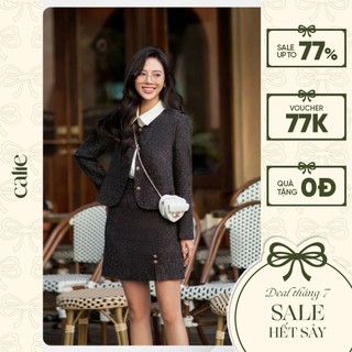 Áo khoác dạ tweed lửng dáng lửng túi ốp mix chân váy dáng a xẻ gấu calie ca096 ak051