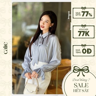 Áo sơ mi nữ tay dài phối xếp ly cổ thắt nơ thời trang công sở Calie AS154