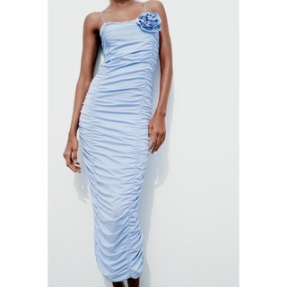 Zara made in Morocco đầm thun voan 2 lớp chun thân xanh pastel nhẹ nhàng - Luumooc