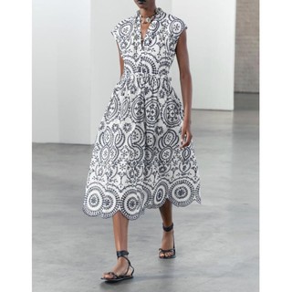 Zara made in Morocco đầm midi Cổ chữ V tay ngắn có thắt lưng - thêu đột rỗng- Luumooc nữ