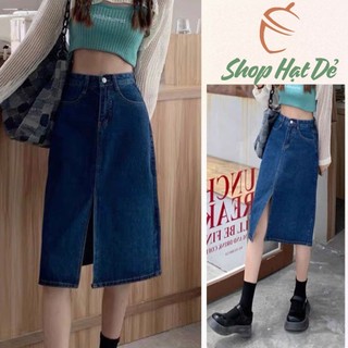 Chân váy jean dáng dài cạp cao tôn dáng, chân váy midi xanh xé dài qua gối A4 Shop Hạt Dẻ