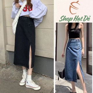 Chân váy jeans nữ xẻ cao dáng dài ulzzang, chân váy bò xẻ trước dáng dài Shop Hạt Dẻ