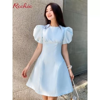RECHIC Đầm ngắn Cloren màu xanh cổ tròn tay ngắn chiết eo thanh lịch công sở dạo phố