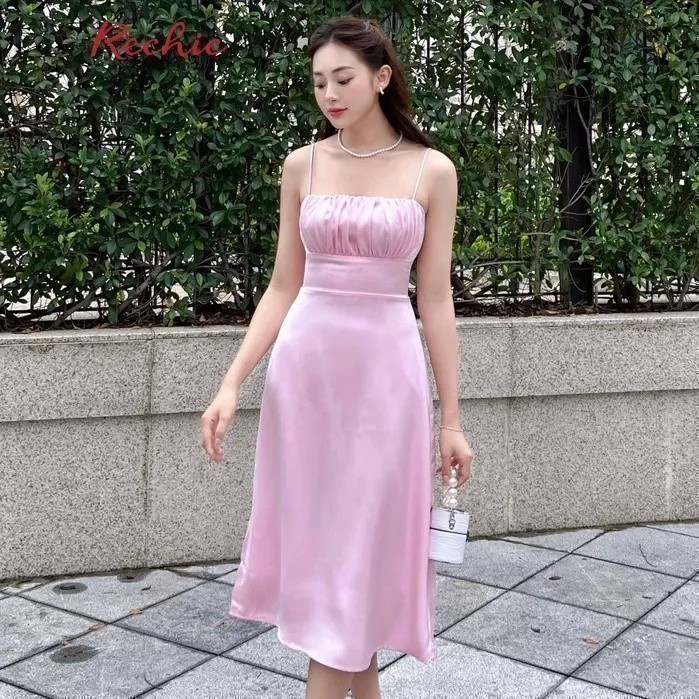 RECHIC Đầm dài Narry Lụa hai dây Nhún Ngực Quyến Rũ Xinh Xắn