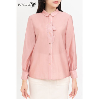 Áo sơ mi lụa đính hoa , Áo cổ đức dáng suông công sở nữ IVY moda MS 17M8554