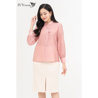 Áo sơ mi lụa đính hoa , Áo cổ đức dáng suông công sở nữ IVY moda MS 17M8554