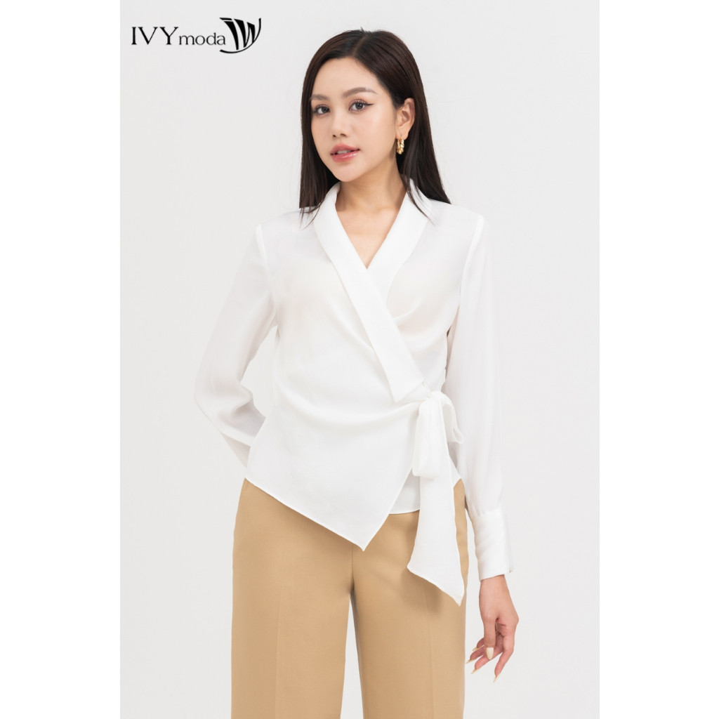 Sơ mi lụa nữ cổ V kèm nơ eo IVY moda MS 17B9512