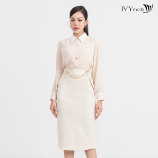 Áo sơ mi lụa cổ phối tweed nữ ivy moda ms 17m8512