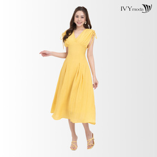 Đầm lụa cổ V tay rút nhúm nữ IVY moda MS 48M8274