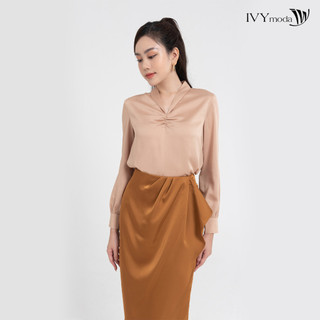 Áo lụa cổ v nữ may nhúm ngực ivy moda ms 17m8063