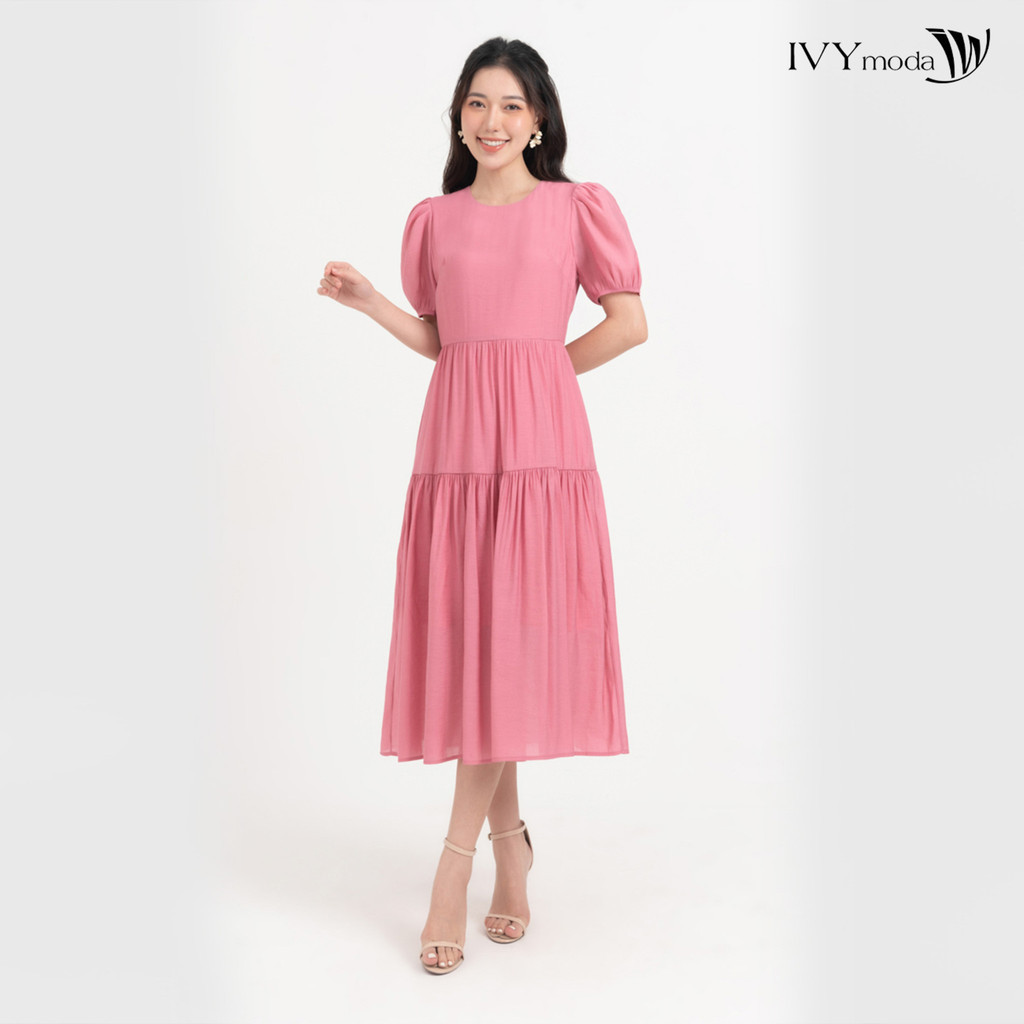 Đầm lụa xòe tay bồng nữ IVY moda MS 48M8304