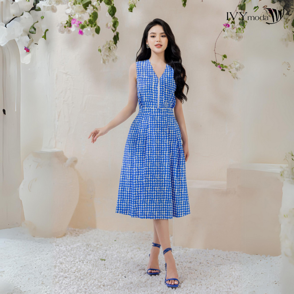 Đầm xòe phối khóa kéo trước nữ IVY moda MS 41M8333