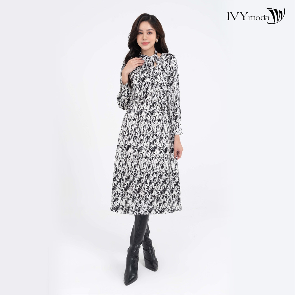 Đầm lụa cổ xẻ thắt nơ nữ IVY moda MS 48T0222
