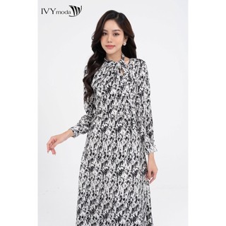 Đầm lụa cổ xẻ thắt nơ nữ IVY moda MS 48T0222