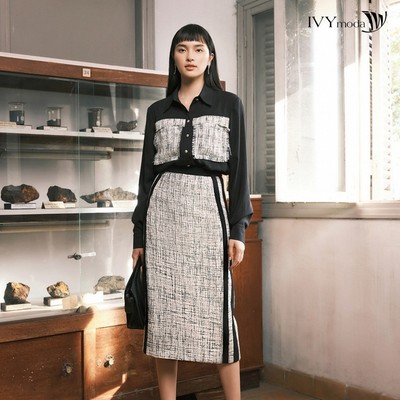 Áo sơ mi nữ phối vải tweed IVY moda MS 17M7965